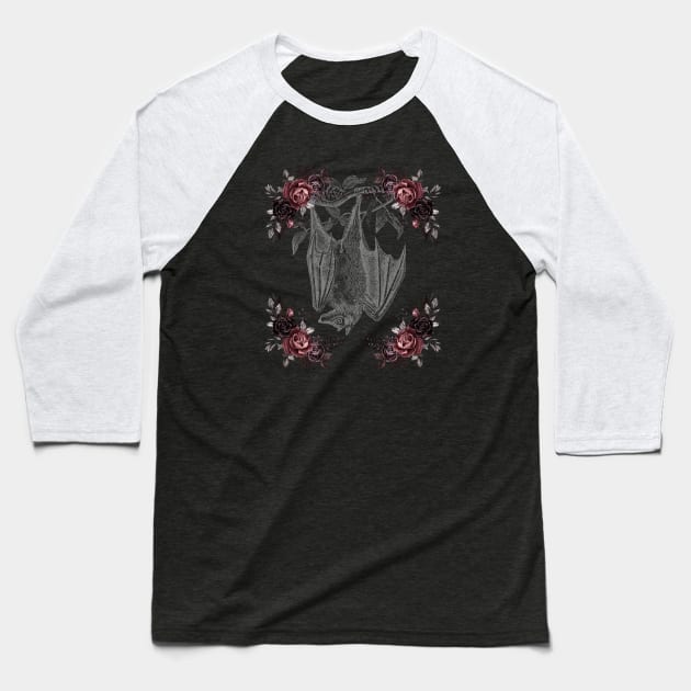 Victorian Floral Vampire Bat Baseball T-Shirt by Curio Pop Relics